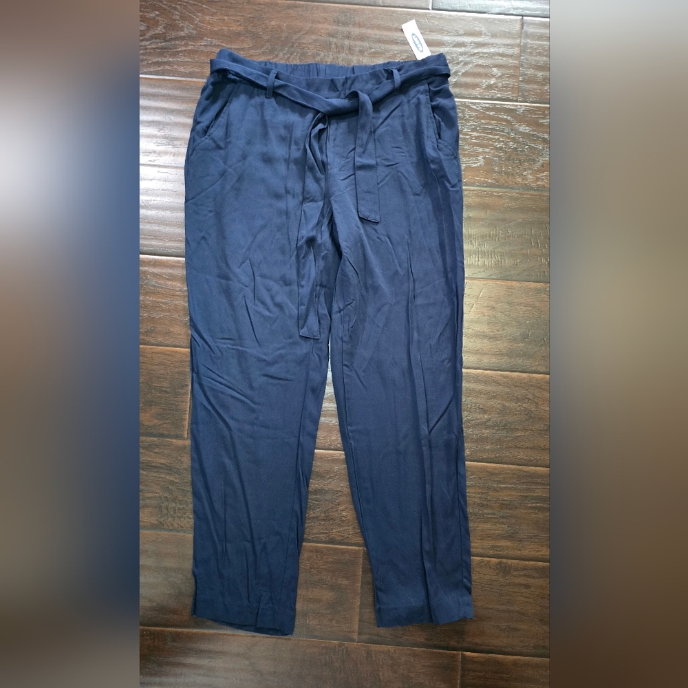 NWT Old Navy Womens Navy Blue Tie Waist Casual Pants 12 Tall